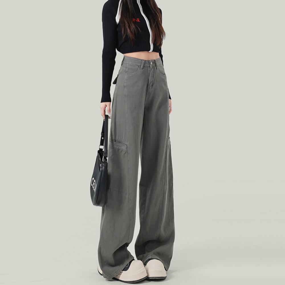 

Personalized street Korean version tooling jeans women s spring and autumn new high-waisted thin and high ins style wide-leg pants XL светло-серый