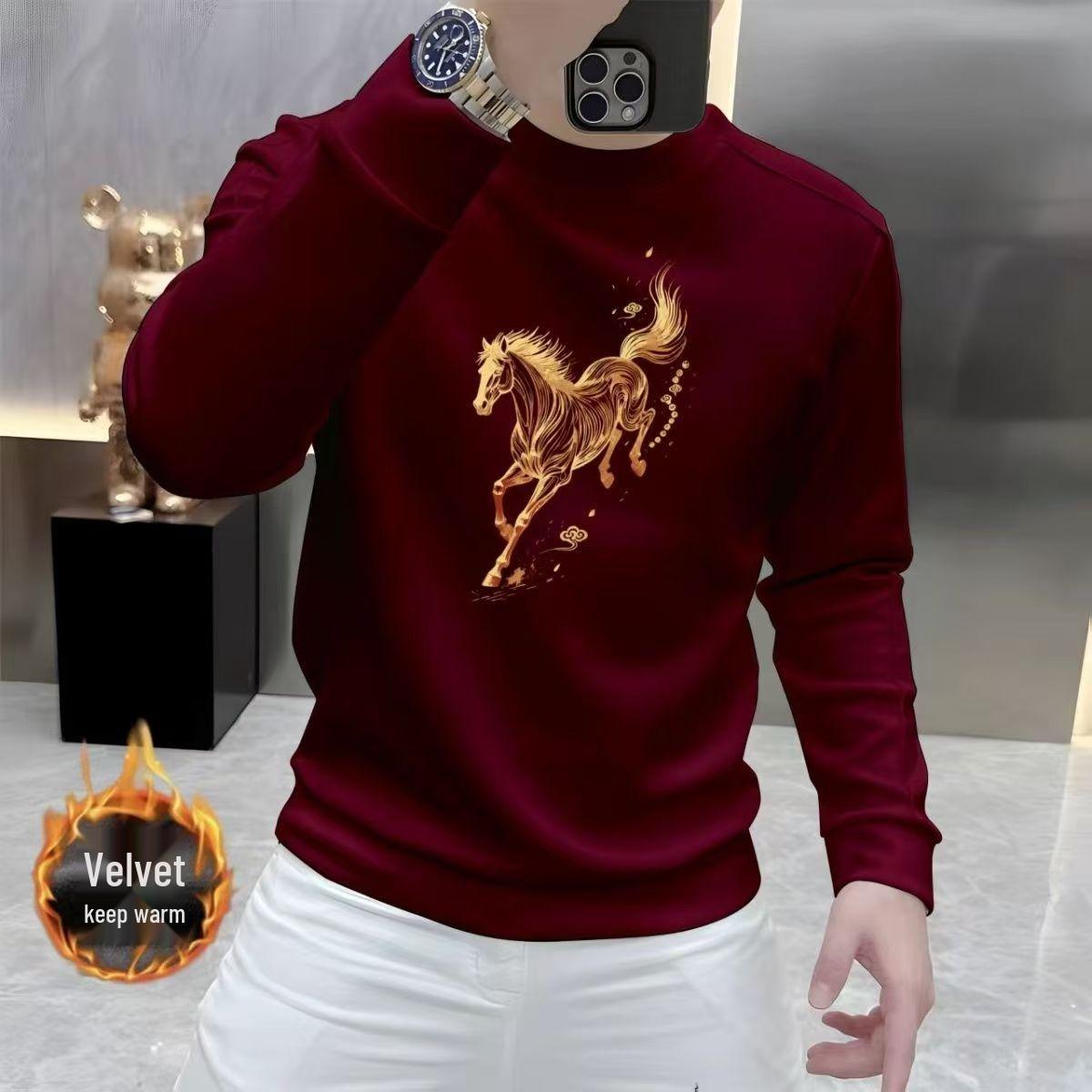 

2026 Year of the Horse Men s Plus Size Fleece Hoodie 3XL вина червоного кольору