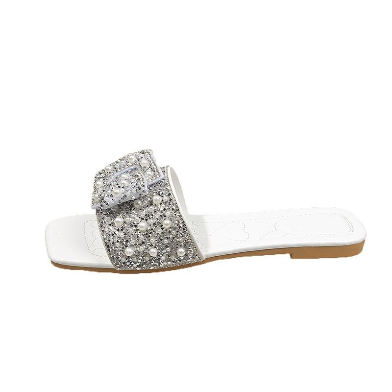 Luxury Modest Summer Sandals for Women, Closed Square Toe Pearl Slides, Plus Size Adjustable Strap Indoor Shoes