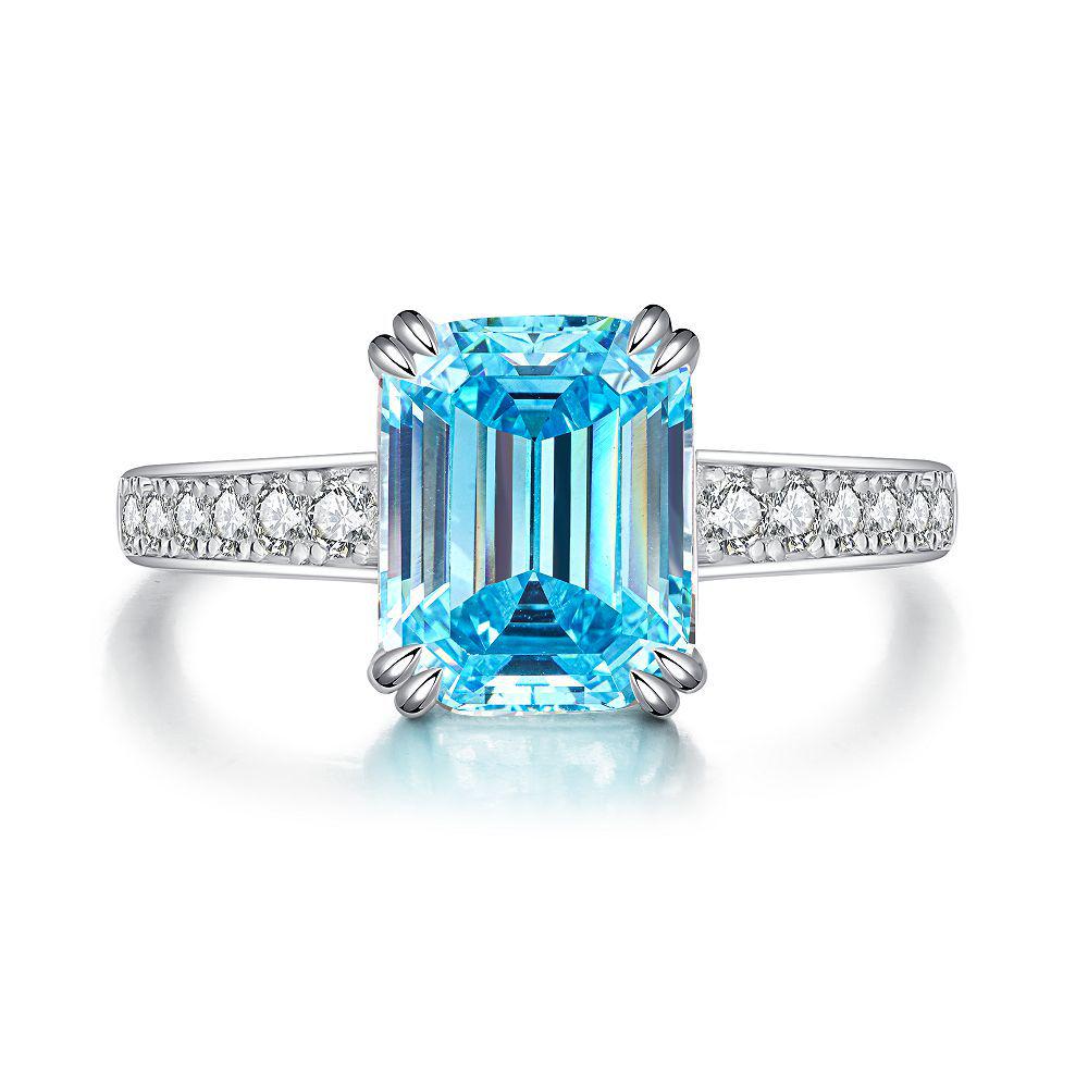 Women's S925 Sterling Silver Aquamarine Ring with Square High-Carbon Diamond