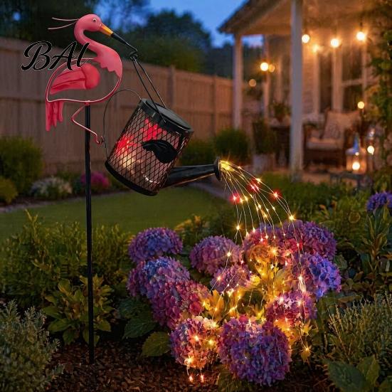 Unique Housewarming Gifts for Gardeners Flamingo Garden Statue with Solar Watering Can Lights, Decorative Iron Outdoor Light Strings Lawn Ornament