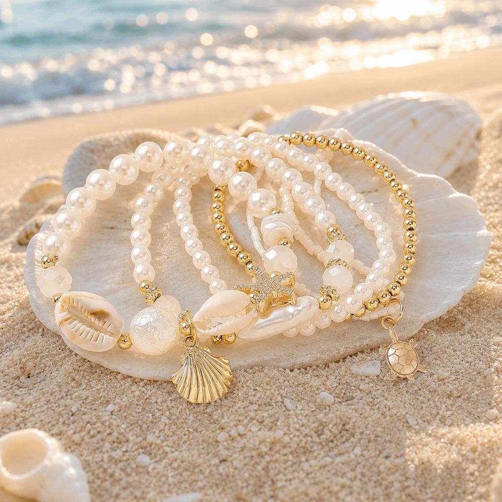 7pcs/Set Faux Pearl Stackable Bracelets Sea Shell Pearl Beaded Bracelets  Beach Holiday