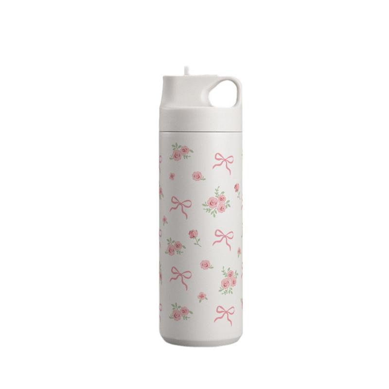 500ml Stainless Steel Bow Thermo Water Bottle Double-layer Cherry Print Vacuum Cup Leak Prevention Insulated Flasks Thermal Tumb