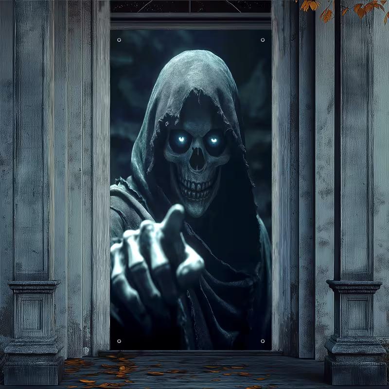 2D Glowing Eyes Reaper Door Cover, 2D Halloween Skeleton Decor
