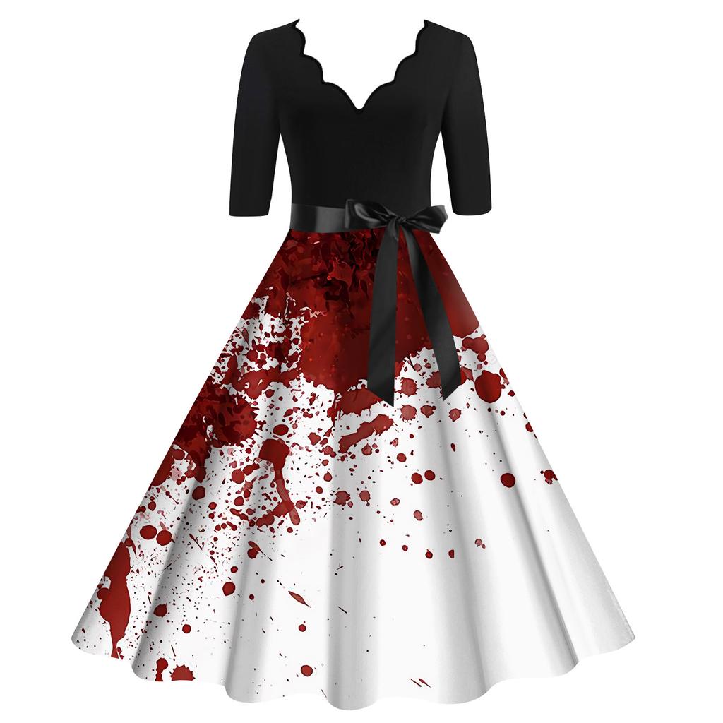 Damska sukienka vintage z długim rękawem na Halloween, nadruk rodzinny, impreza, bal