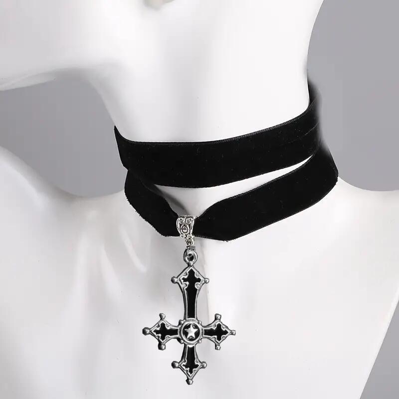 

Gothic Retro Geometry Coffin Cross Pendant Velvet Chokers Necklace for Women Man Halloween Party Creative Jewelry Accessory Gift