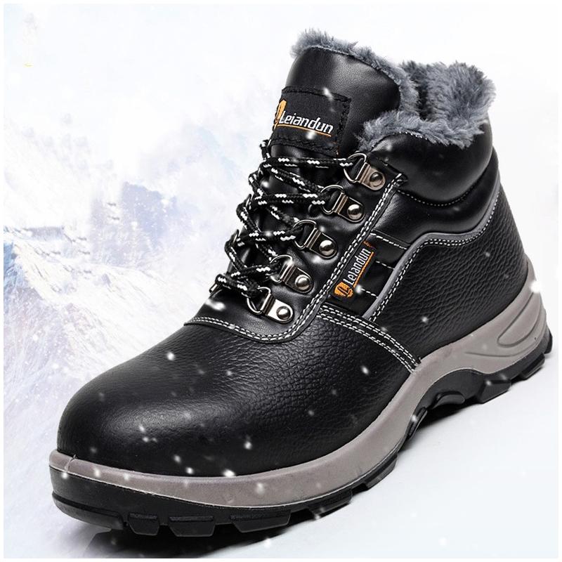 men's casual warm cotton steel toe caps work safety boots worker genuine leather fur safe shoes winter security ankle botas mans
