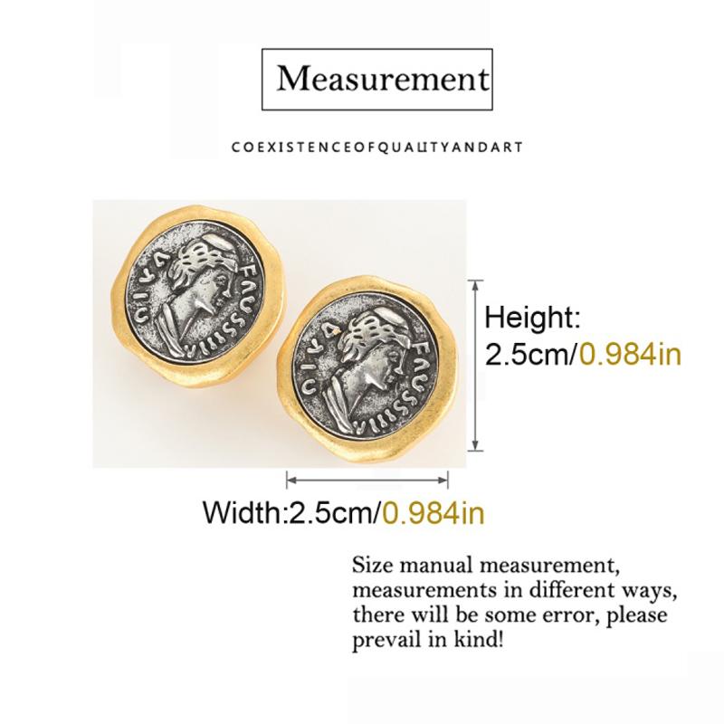 Vintage Gold Plated Ancient Coins Stud Earrings For Woman Round Button Shape Luxury Quality Jewelry Designer Gift