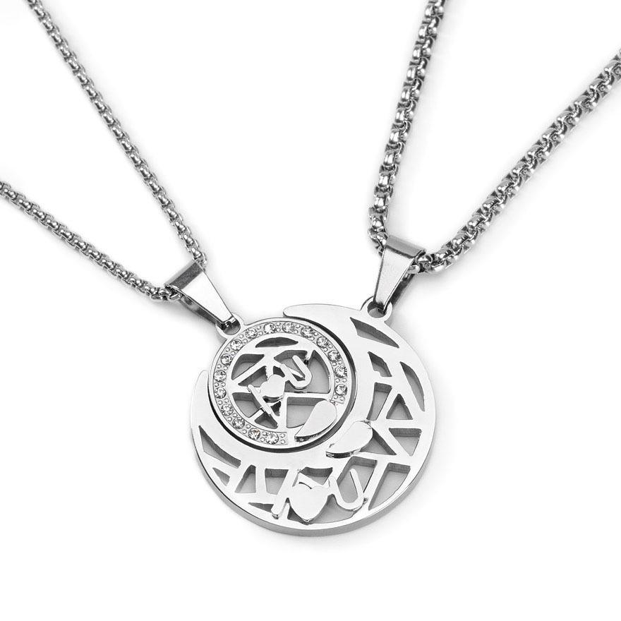 Dewu Sun Moon Pendant Necklace - Heart Stitch Design in Titanium Steel for Men and Women, Perfect Couple Gift.