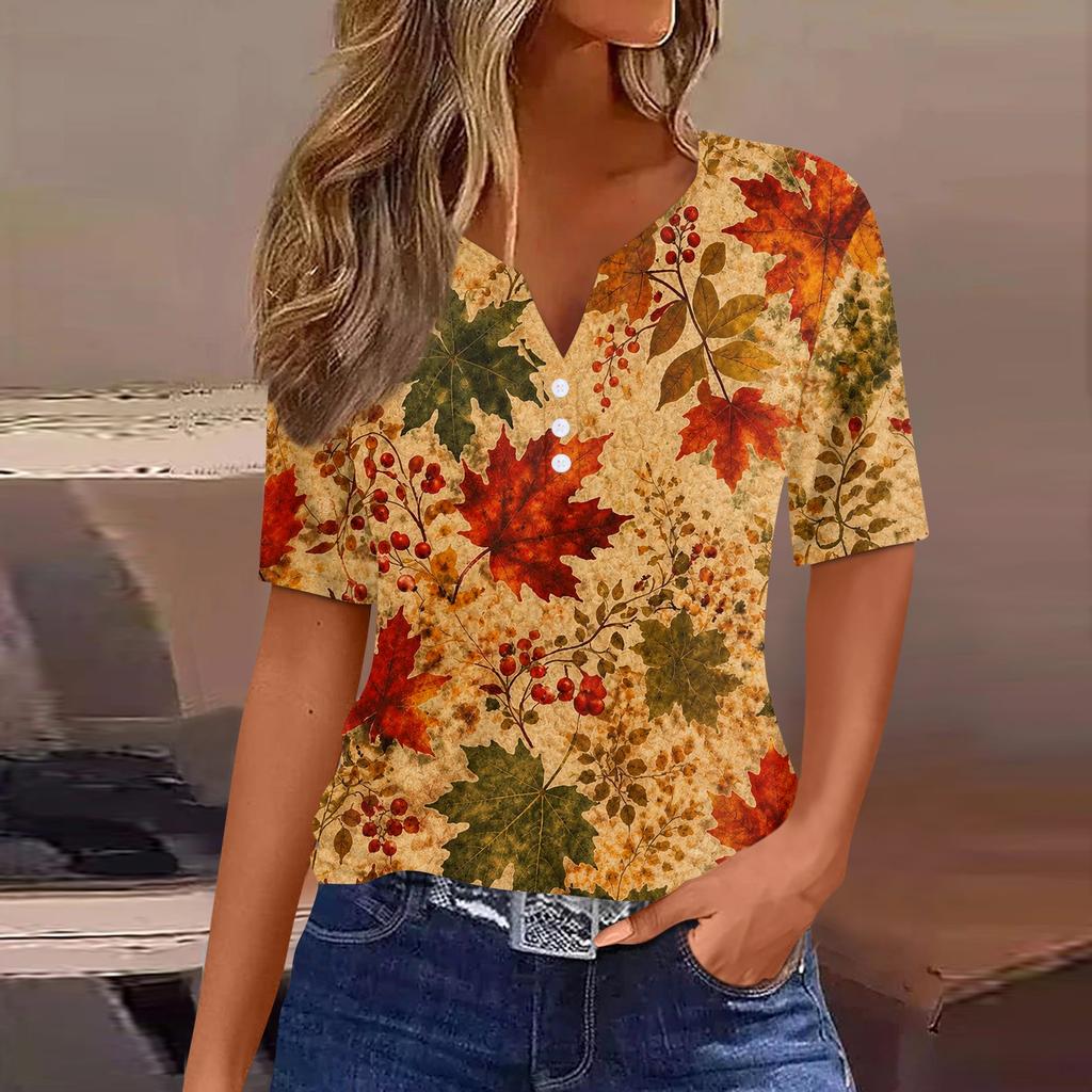 Damen Casual Kurzarm Hemdbluse mit Knopfleiste und Ahornblatt-Print