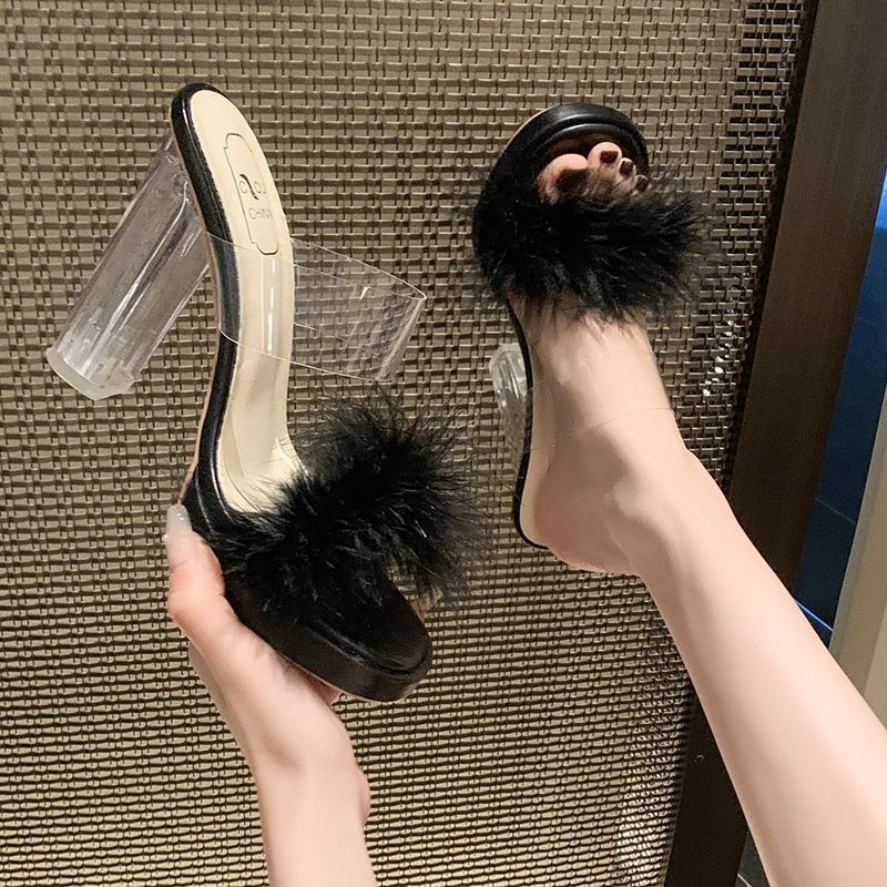 Fairy Wind Fluffy Cool Slippers Sexy High Heels 2025 Summer and Autumn New Popular Thick Heels Women Wear Waterproof Table