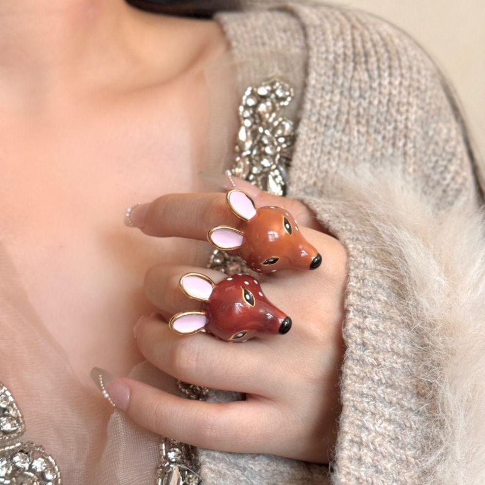 Opening Deer Drip Oil Ring Geometric Chunky Animal Ring Lovely Enamel Ring  Couple
