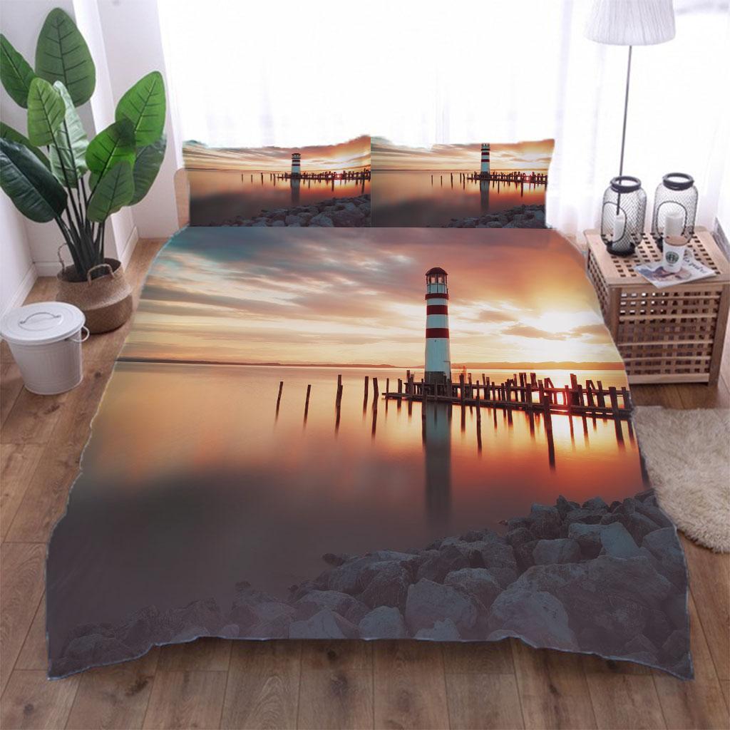 3D Landscape Beach Lighthouse Microfiber Duvet Cover Double Bed 1 Zip Duvet Cover And 2 Pillowcases FashionBedding Collection
