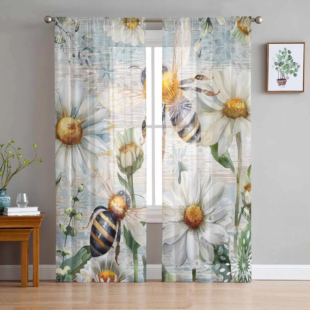 Bee Insect Golden Yellow Transparent Drapes for Bed Chamber Living Room Ornamentation Window Panel Curtain for Cooking Area Tulle Sheer Fabric