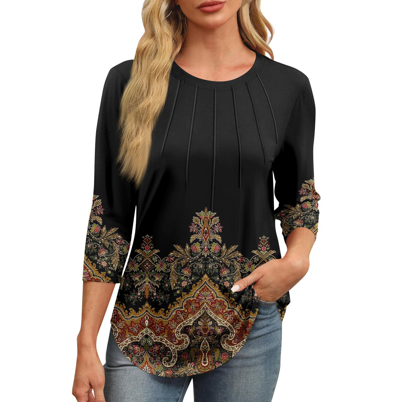 

Женская модная футболка с круглым вырезом и рукавом 3/4 с принтом, повседневная, базовая, плиссированная, пуловер XL чёрный