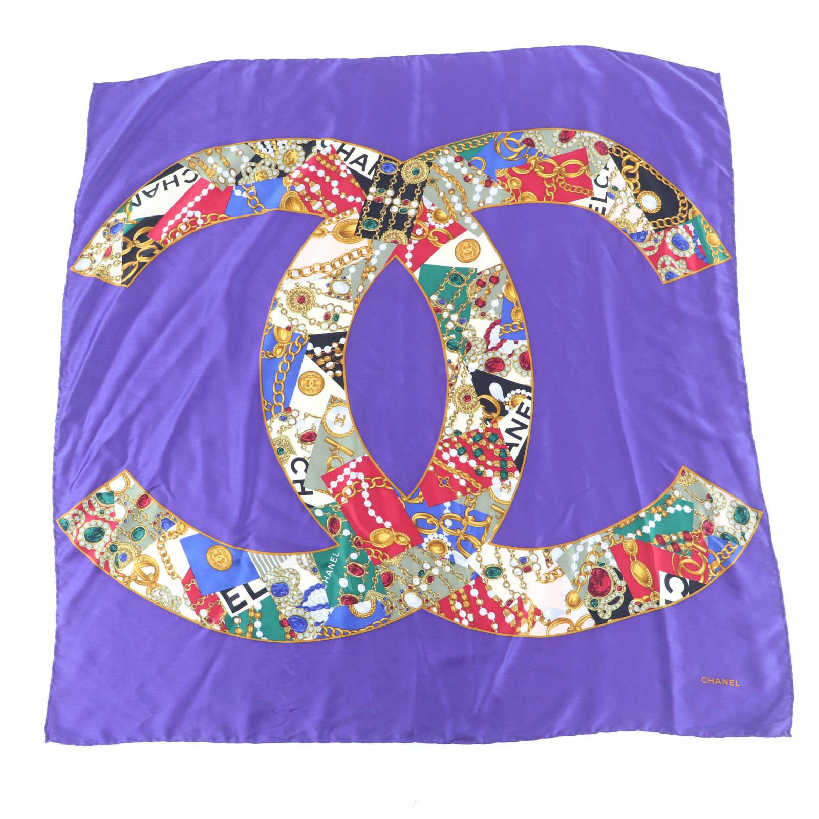 Great CHANEL scarf Large size with COCO Mark logo purple silk Women Used