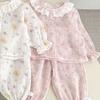 Baby Girls Spring Autumn Cotton Double Gauze Pajama Set with Lace Trim Cardigan and Long Pants