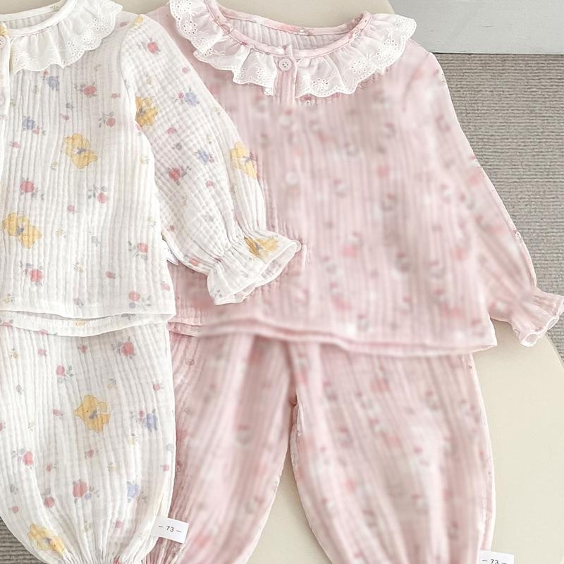 Baby Girls Spring Autumn Cotton Double Gauze Pajama Set with Lace Trim Cardigan and Long Pants