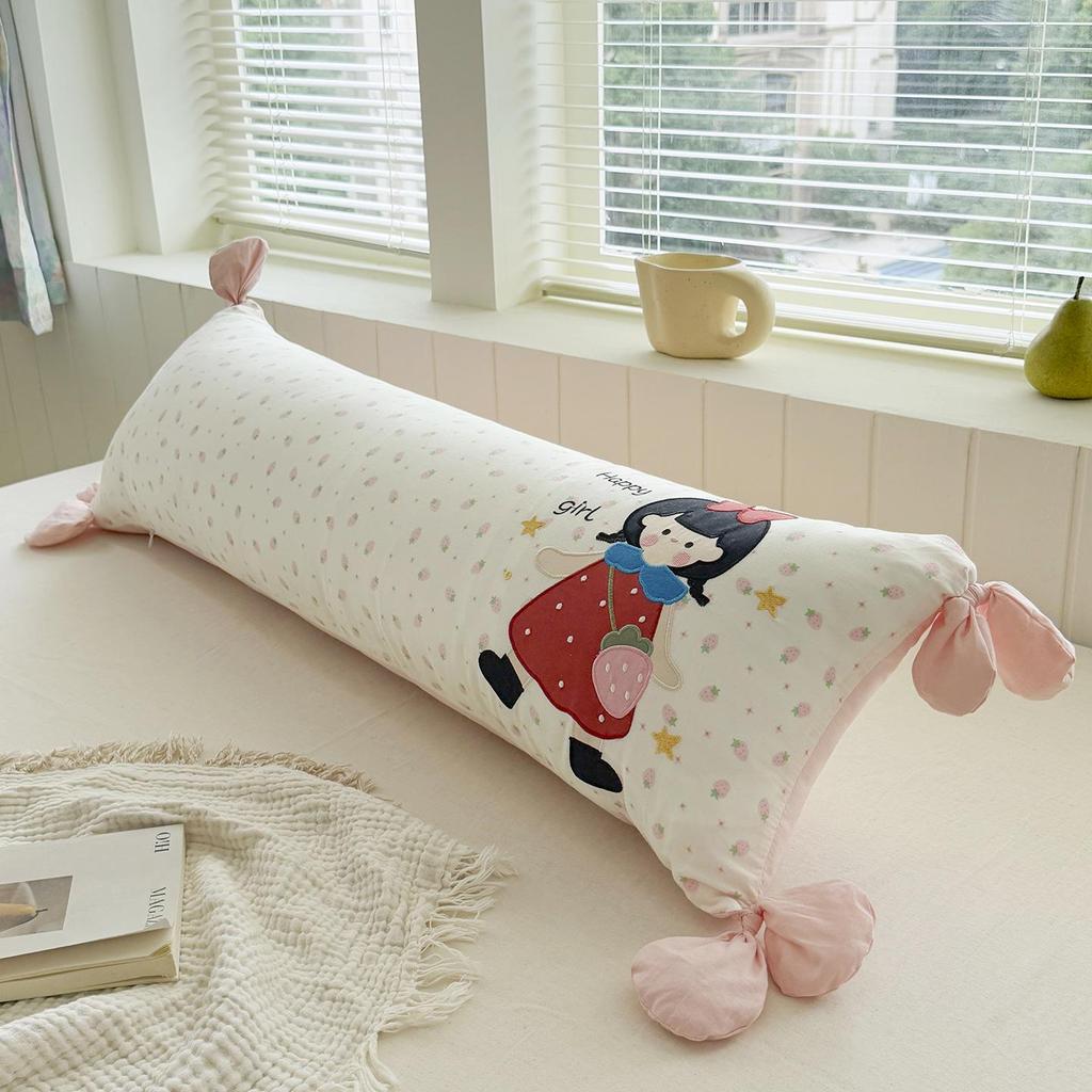 Children's Washable All-Cotton Double-Layer Gauze Long Throw Pillow with Appliqué