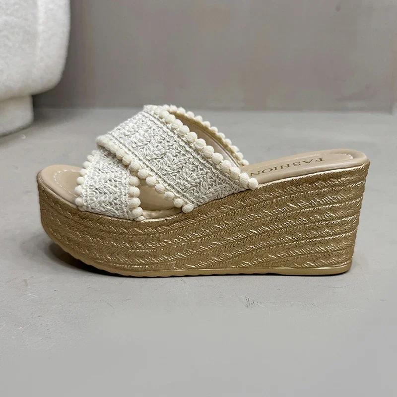 Women\'s Thick Sole Chunky Platform Slippers Cross Band Decor Wedges Sandals for Woman Summer Plus Size Comfort Non Slip Slides