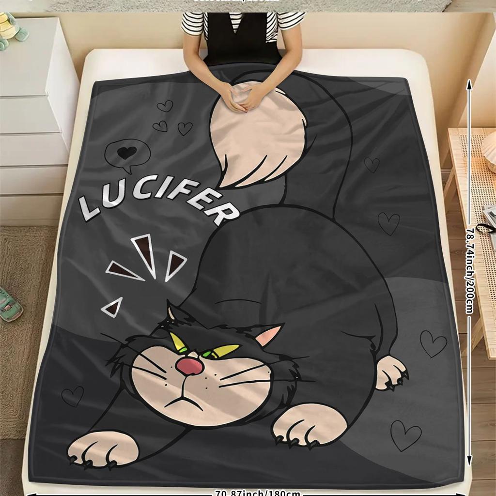 Lucifer Cartoon Cat Flannel Throw Blanket Cute Dark Cat Heart Pattern Soft Lightweight Home Blanket