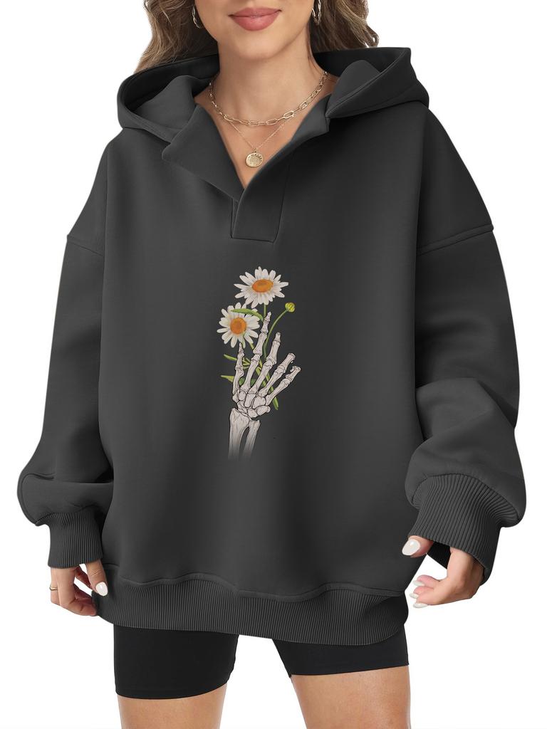 2025 new European and American Halloween women's hooded sweater front and rear pattern winter fleece loose casual