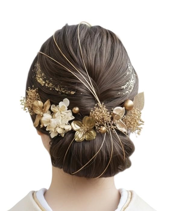 

[Lomeri] Lomeri Dried Flower Hair Ornament - Set of Gold Small Flowers for Coming-of-Age Ceremony, Graduation Ceremony, Wedding, and Hakama (Gold)