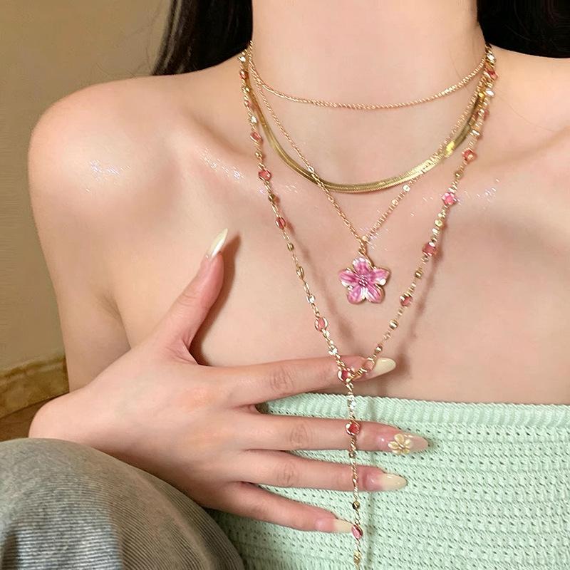 Flower Pendant Layered Necklace Gold Plated Colorful Chain Choker Y2K Aesthetic Jewelry For Women