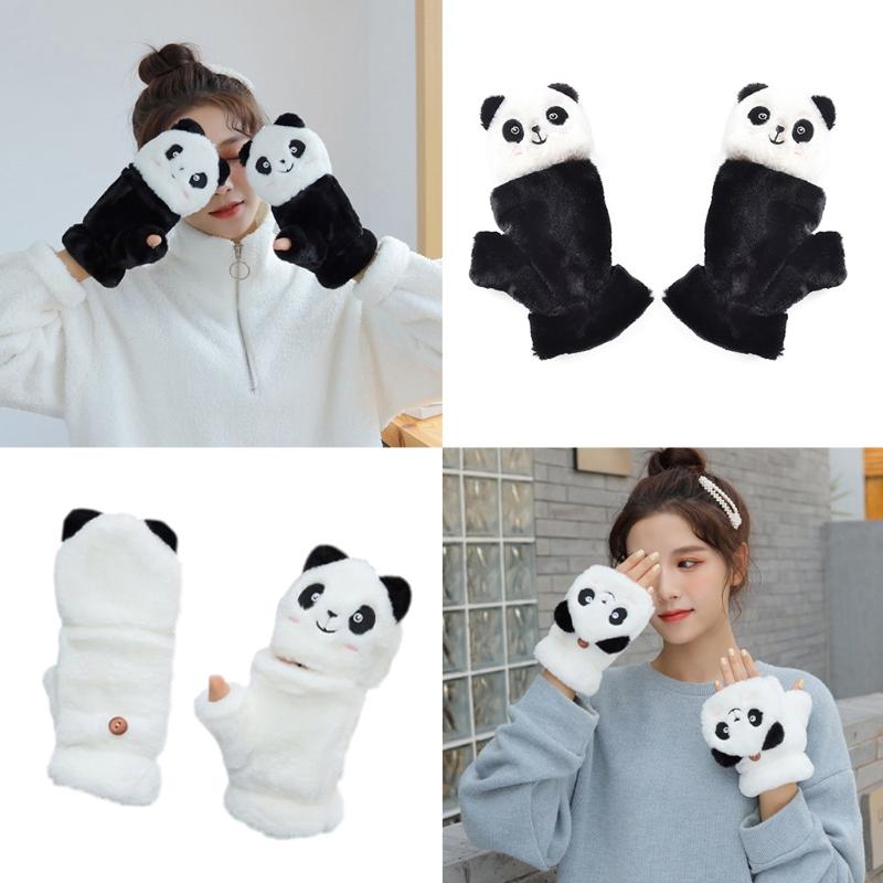 Winter Warme Handschuhe Flauschige Tier-Fäustlinge Plüsch-Panda Halbfingerhandschuhe mit Klappdeckel Warme Handschuhe für Kaltes Wetter
