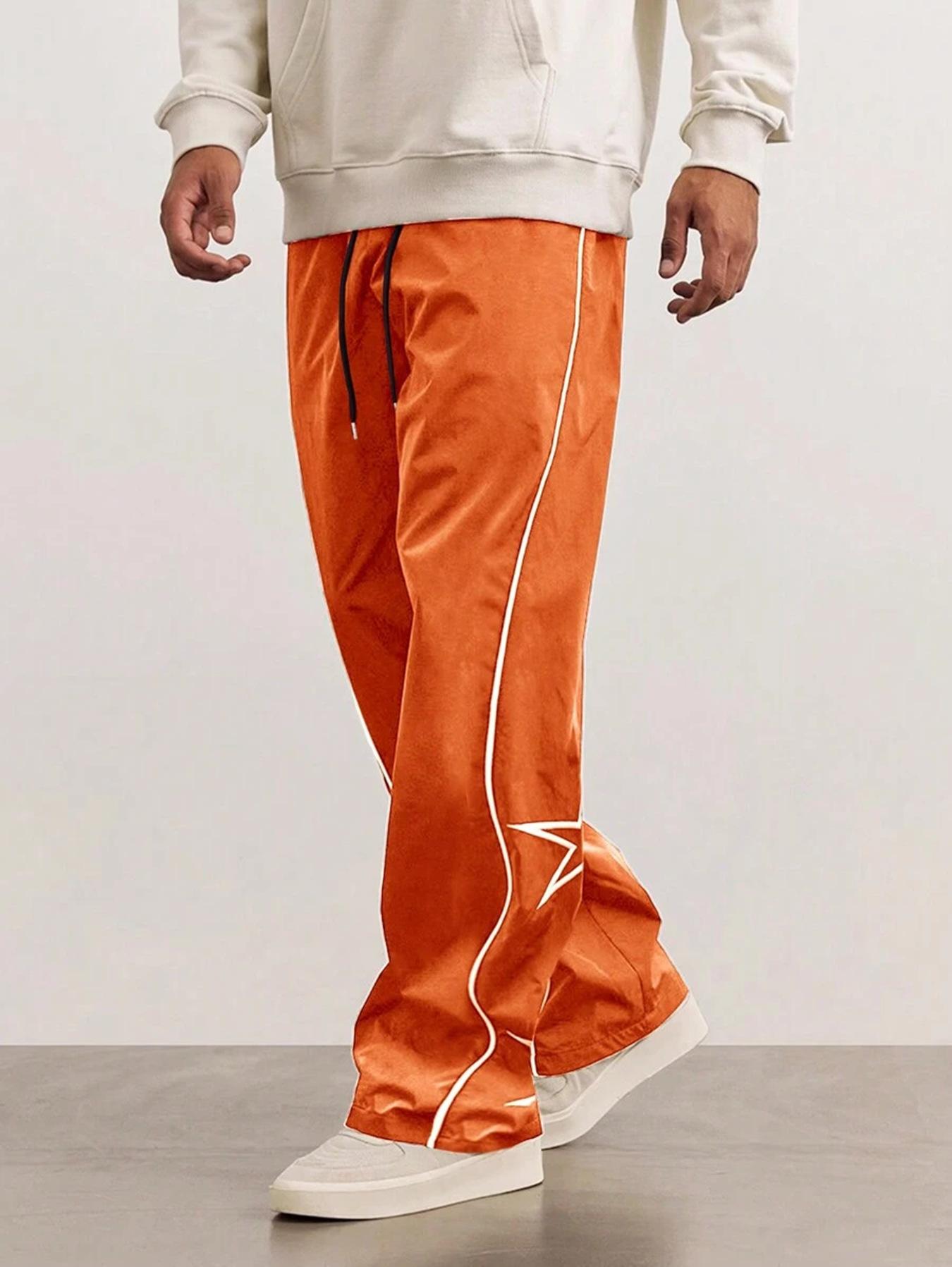 

Модные мужские свободные прямые брюки 2025 года, весна-лето, уличная мода, брюки на шнурке, мужские брюки с вышивкой в стиле хип-хоп со звездами XL оранжевый