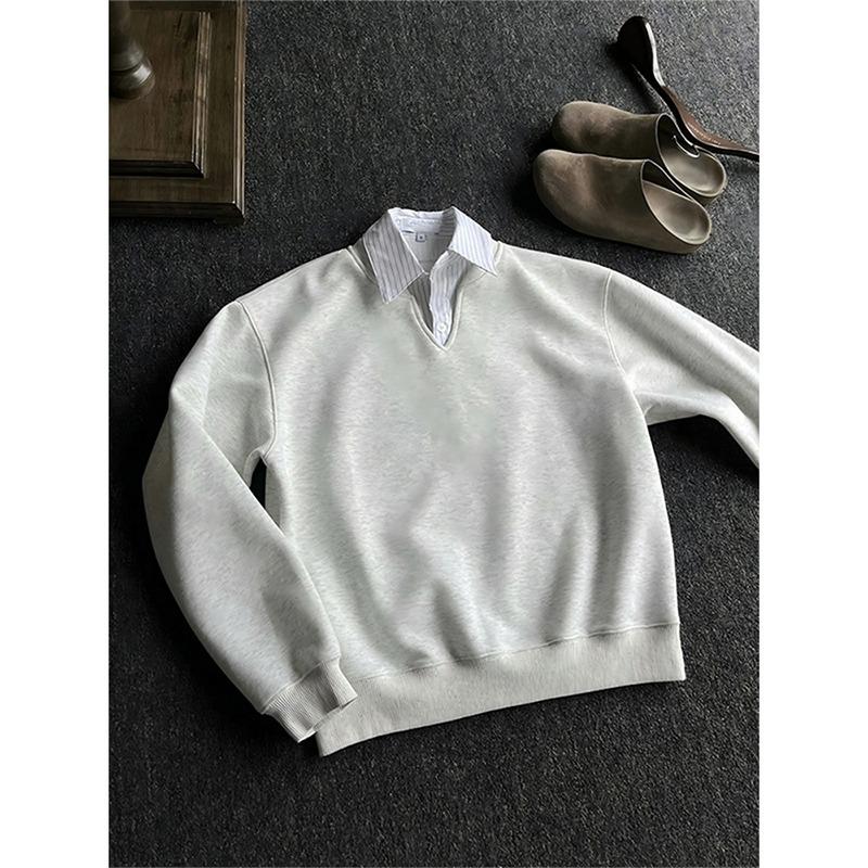 Premium Academia-Style Men's Long-Sleeve Hoodie Shirt - Faux Two-Piece Polo Collar for Autumn/Winter