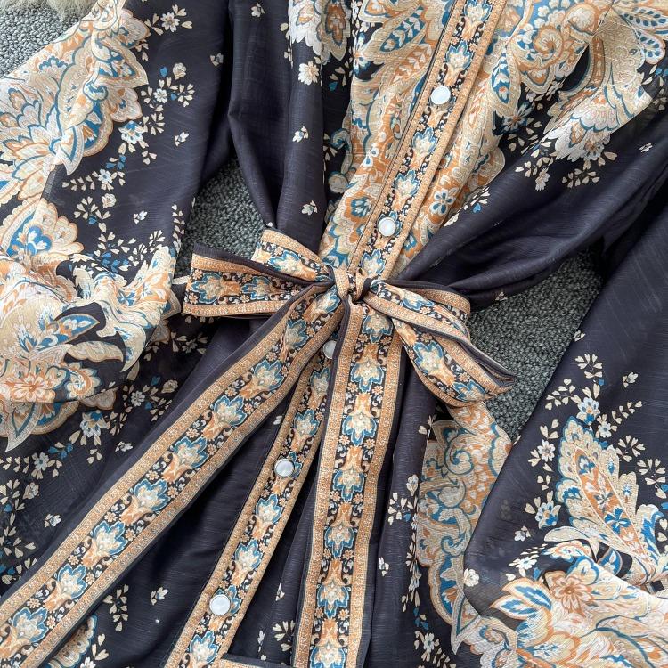 Elegant Vintage Palace Evening Dress Women Long Party Dress Spring France Print Sashes Tying Luxury Festival Clothing New Female