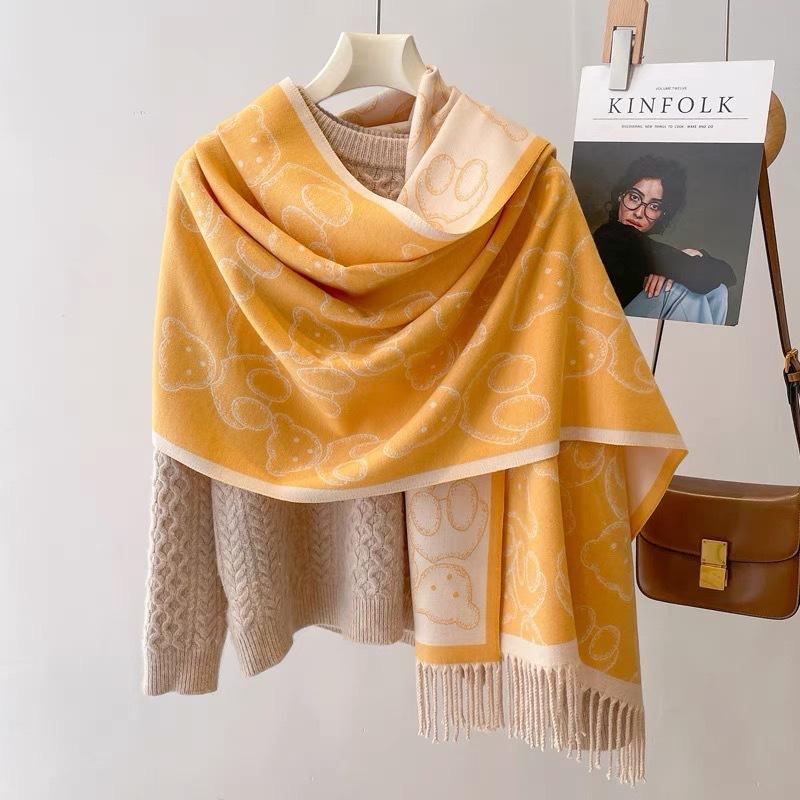 Women's Cute Bear Printed Faux Cashmere Scarf with Tassel Korean Style Versatile Warm Shawl for Winter