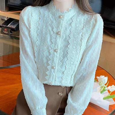 Camisa elegante de gasa holgada de manga larga con encaje para mujer, blusa elegante vintage informal, blusa sencilla y ajustada para oficina, 24188