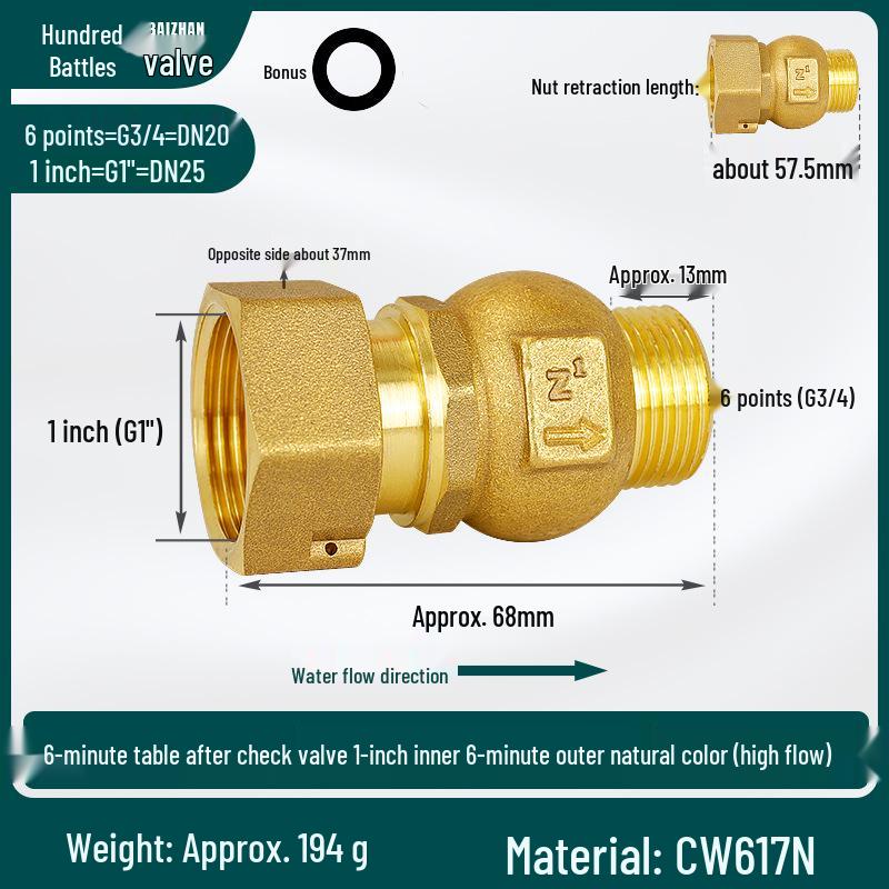 Copper Anti-Spin Check Valve DN15mm 1/2" To 3/4" - High Flow Household Shut-off Valve