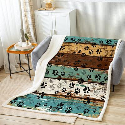 Dog Paw Print Blanket Rustic Wood Design Soft Throw Pet Lover Gift Cozy Home Decor Animal Pattern Bedroom Textile