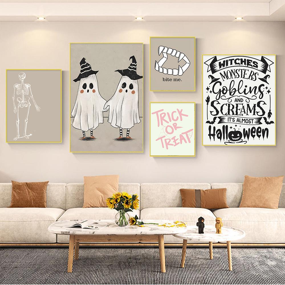 Pink Halloween Geist Skelett Hexenhaftes Gemälde Druck Leinwand Poster Nordische Wandkunst Bild zum Geschenk Wohnzimmer Heimdeko Cuadro