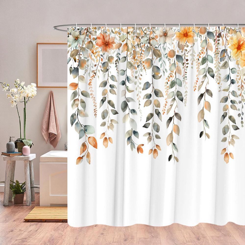 Autumn Eucalyptus Leaves Watercolour Shower Curtain Sagging Yellow Leaves Thanksgiving Gift Fabric Shower Curtain Bathroom Decor
