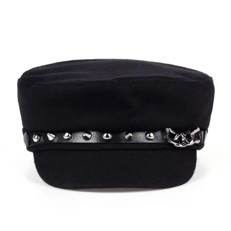 Unisex Rivet Chain Military Caps Spring Autumn Sailor Hats Women Large Black Beret Caps Men Flat Top Captain Navy Hats