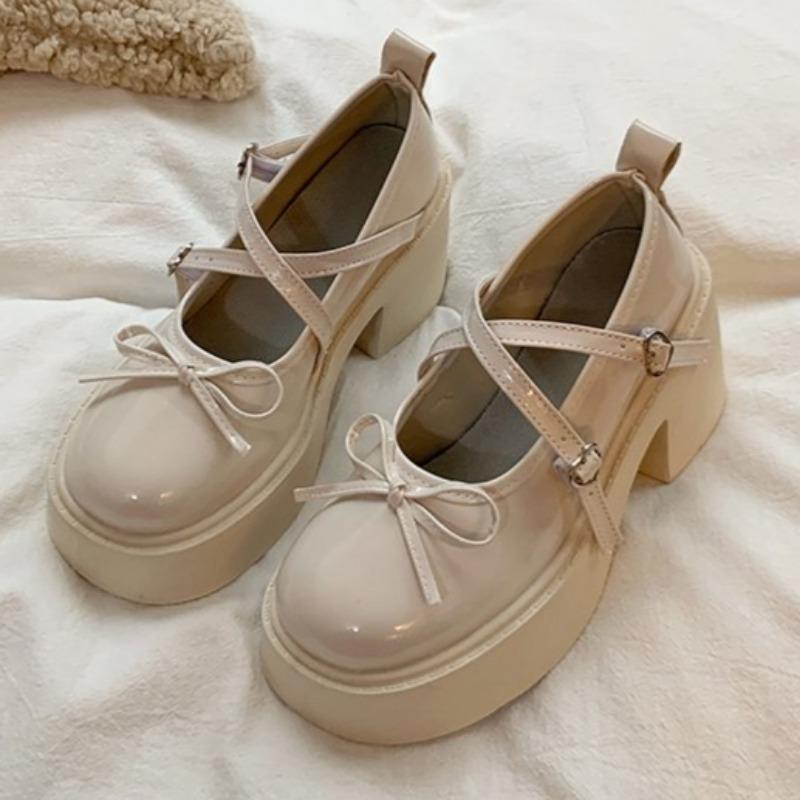 Fashion Women's Fashion Chunky Single Shoes Spring New Round Head Shallow Mouth Butterfly Knot Line with Platform Non-slip High Heels