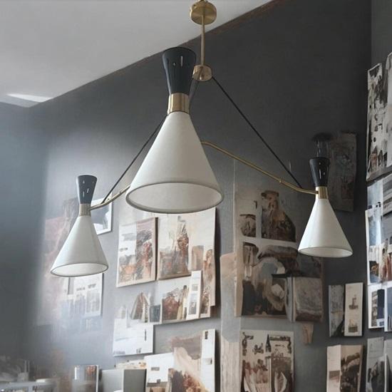 Candelabru cu 3 brațe Sputnik cu abajururi Mid Century, Lampă de tavan suspendată