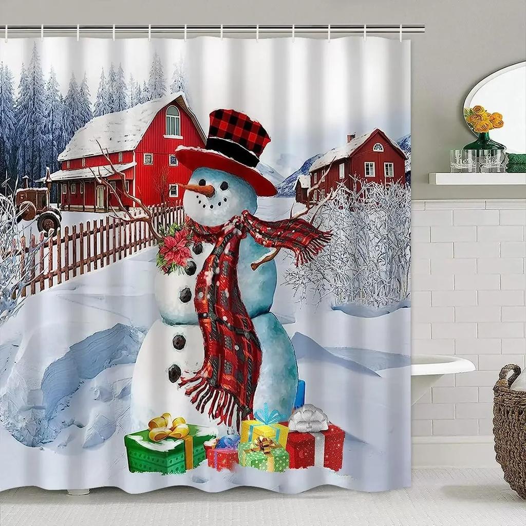 Theme Shower Truck Christmas Tree Gift Deer Red Bird Pinecone Snow Scene Baths Curtain Bathroom DecorXT6
