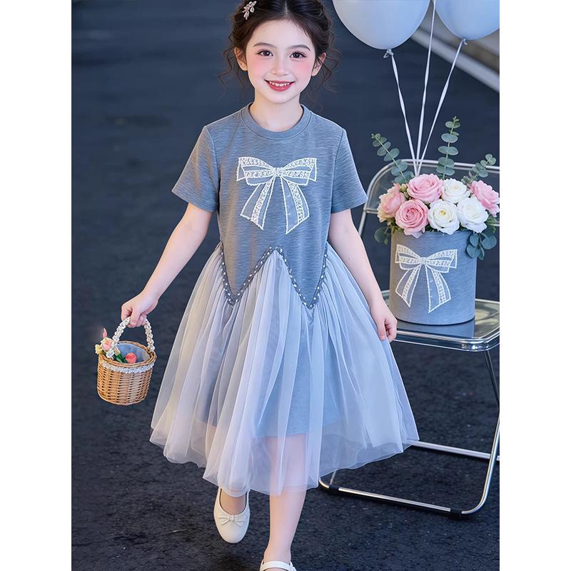 Girls Summer Fake Two Piece Dress Short Sleeve Bowknot Preppy Fairy Skirt For Big Kids