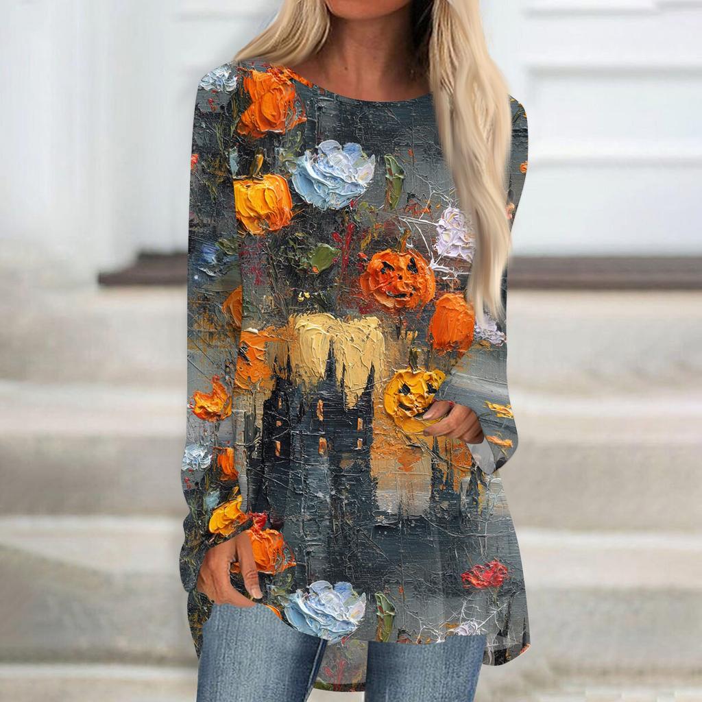 Women's Long Sleeve Round Neck Halloween Print Tunic T-Shirt for Casual Fall Fashion
