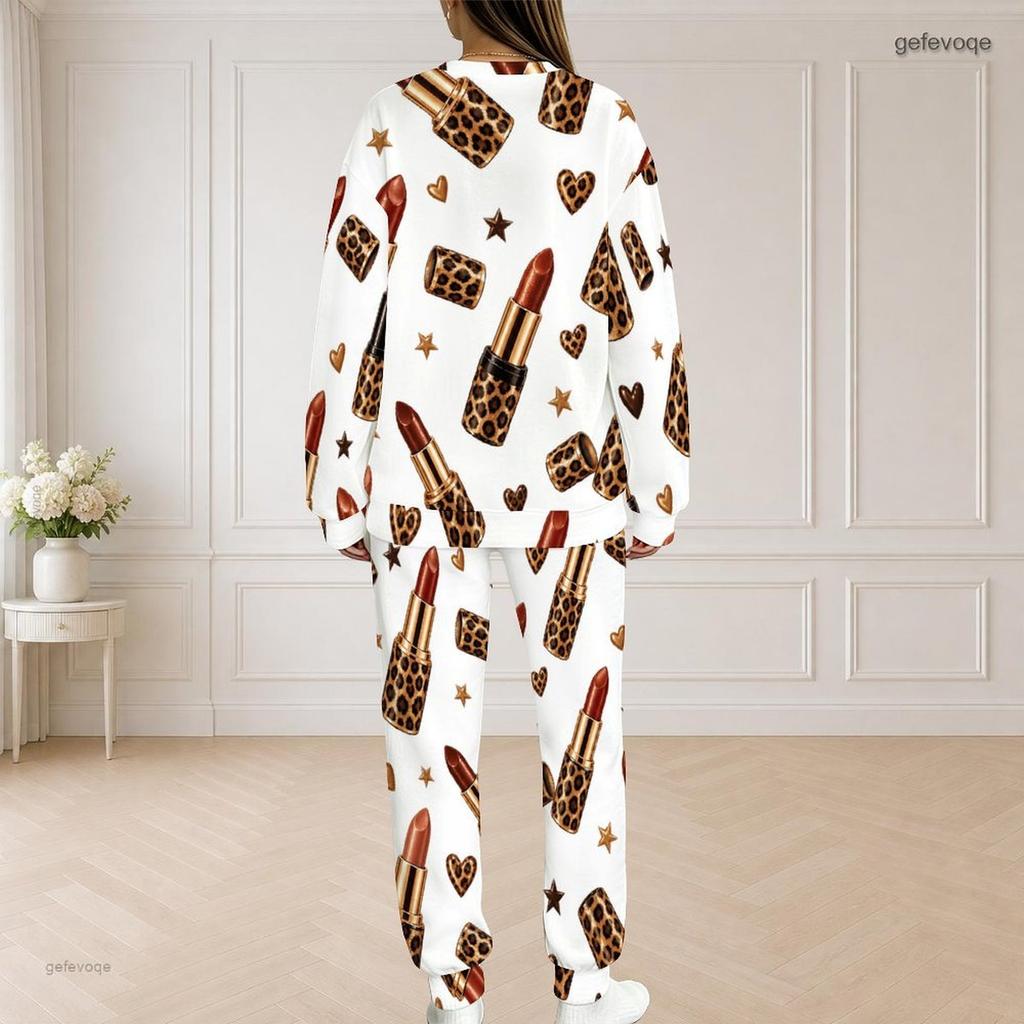 Women Plus Size Round Neck Long Sleeve Top And Pants Set Lipstick Leopard Printed Casual Outfit