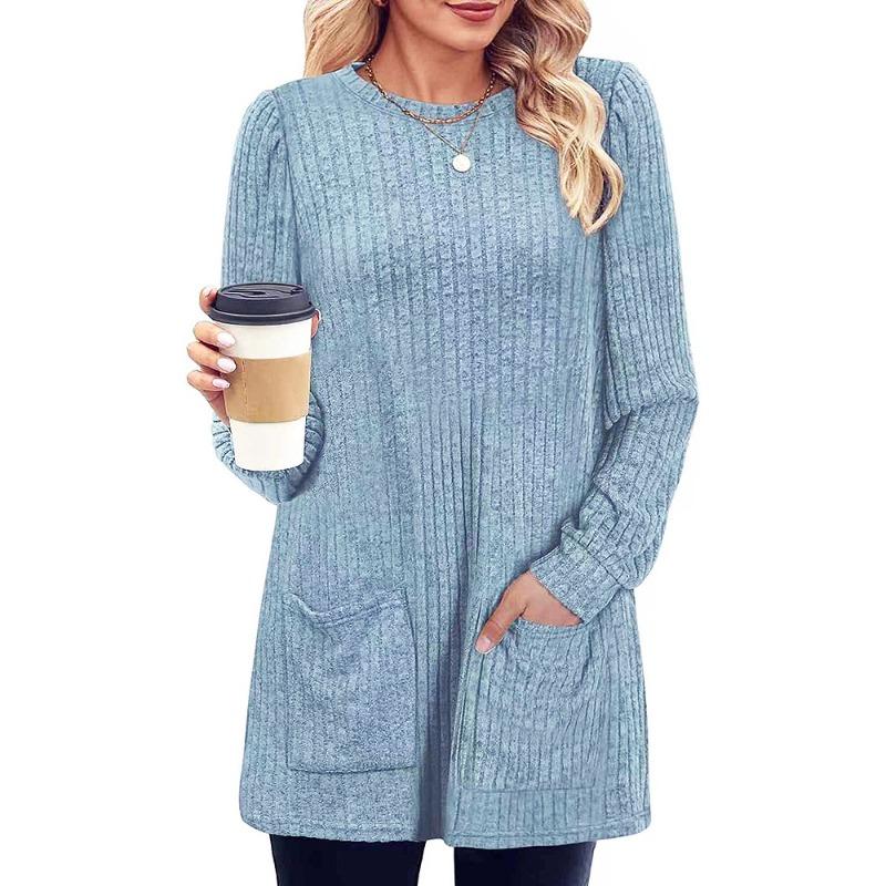 Women's Fall Winter Ribbed Long Sleeve Knit Tunic Crew Neck Solid Color with Pockets Casual Sweater