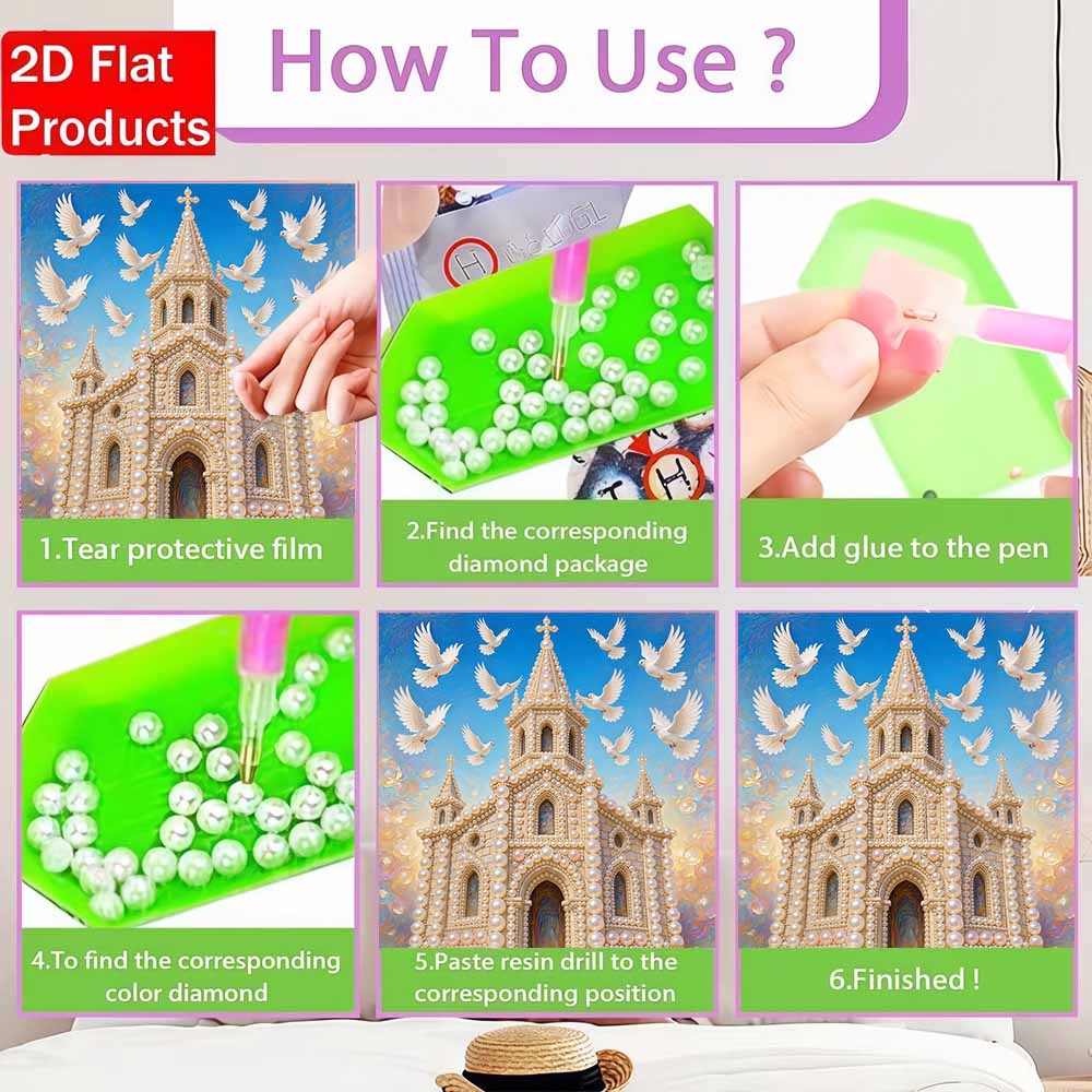 Pearl Painting 5D DIY Decorative Painting. Pearl Castle and Flying Doves. Cute Birthday Gift. Handmade Art Painting