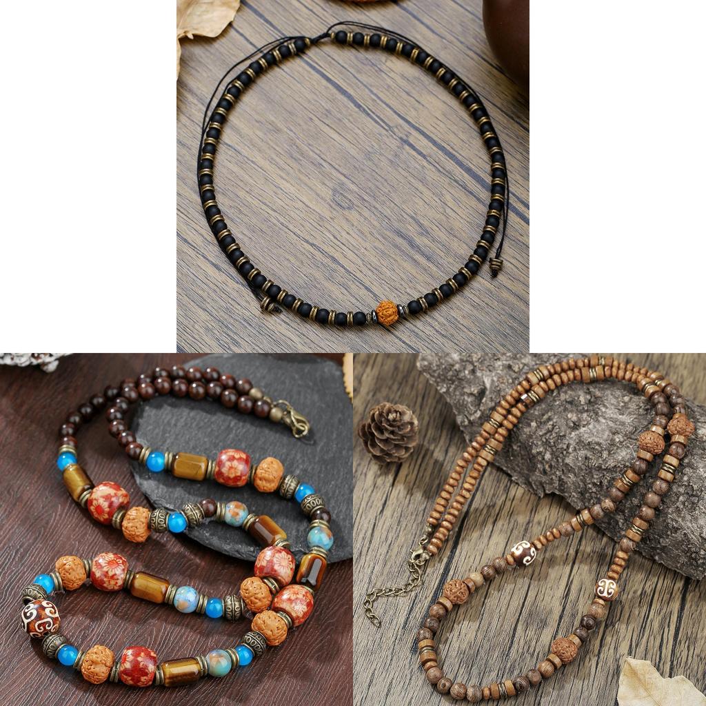 Vintage Tiger Eye Beaded Necklace For Men Geometric Style Ethnic Fashion Accessory