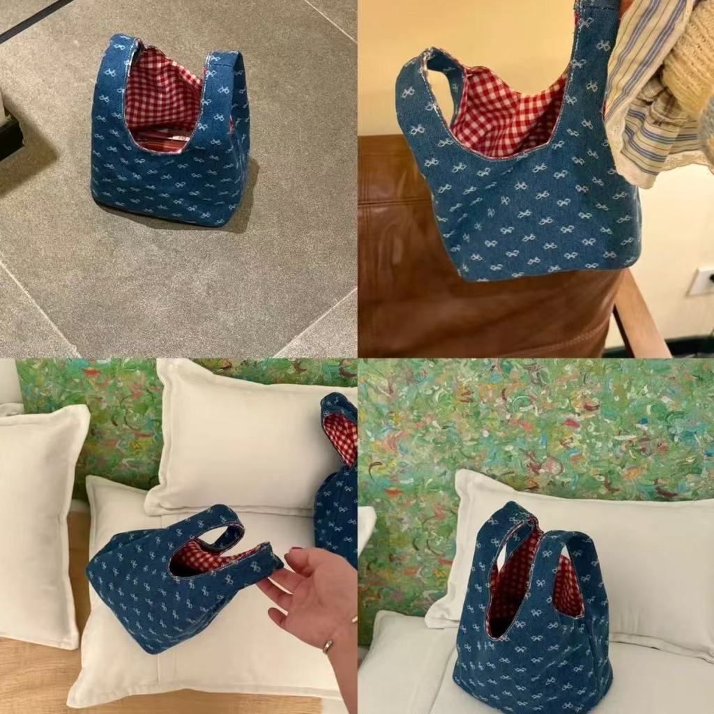 Denim Bow Patterned Crossbody Bag With Contrast Piping For Casual Travel