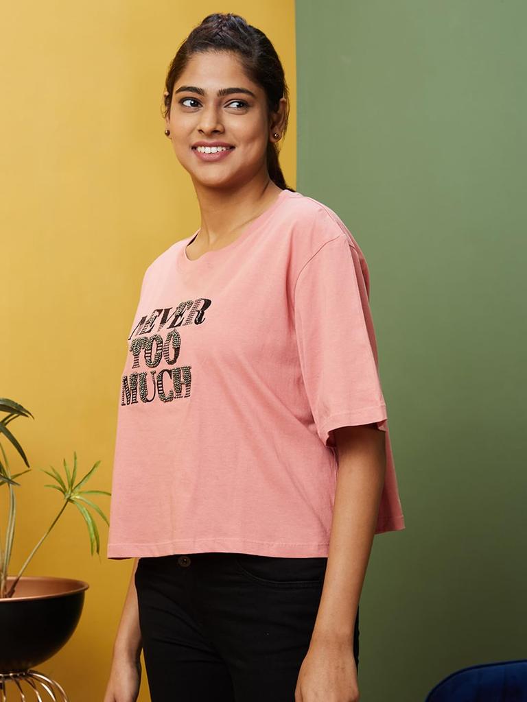 Globus Women Pink Boxy Fit Typography Cotton T-Shirt-3639407003
